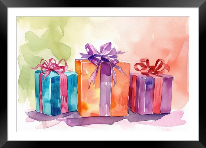 Watercolor of beautiful wrapped gifts and presents. Framed Mounted Print by Michael Piepgras