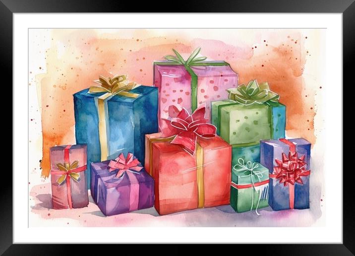 Watercolor of beautiful wrapped gifts and presents. Framed Mounted Print by Michael Piepgras