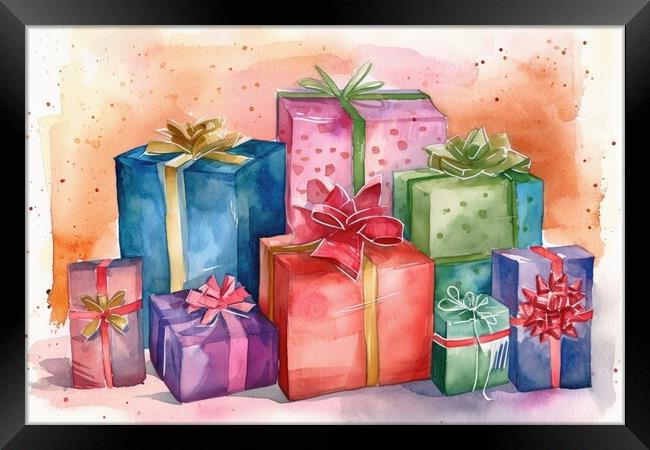 Watercolor of beautiful wrapped gifts and presents. Framed Print by Michael Piepgras