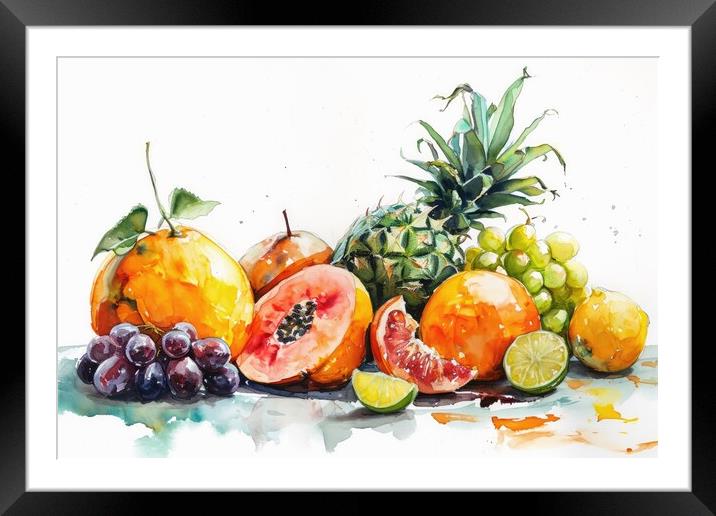 Watercolor of fresh fruits on white. Framed Mounted Print by Michael Piepgras