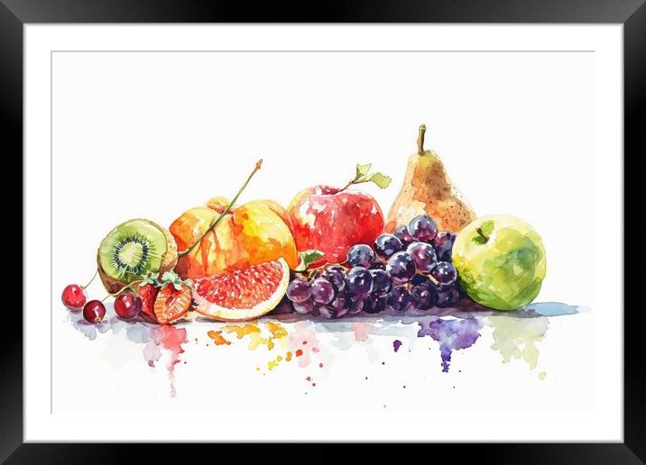 Watercolor of fresh fruits on white. Framed Mounted Print by Michael Piepgras
