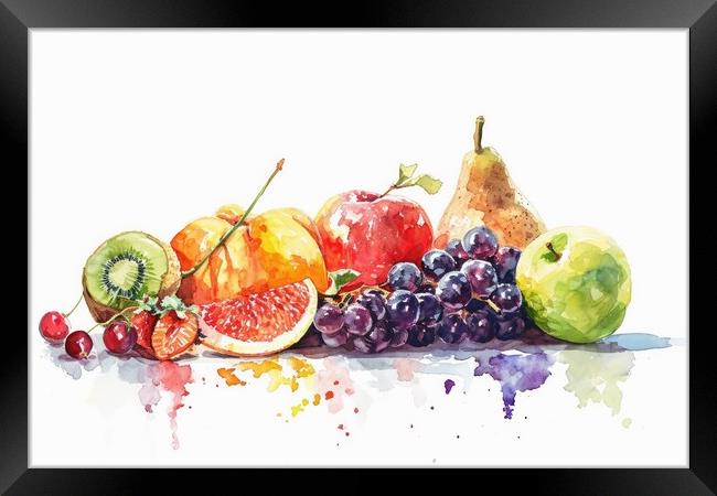 Watercolor of fresh fruits on white. Framed Print by Michael Piepgras