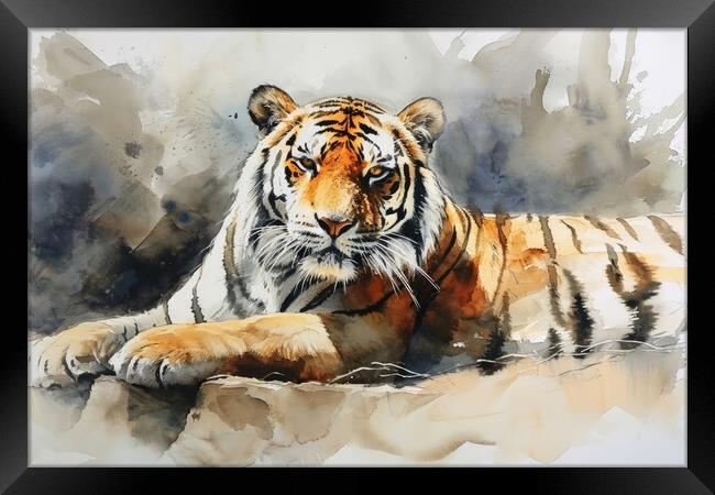 Watercolor painting of an impressive Tiger. Framed Print by Michael Piepgras