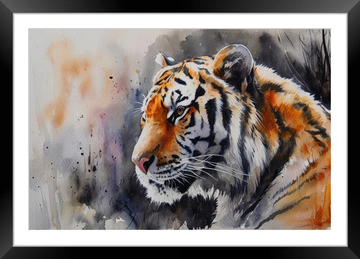 Watercolor painting of an impressive Tiger. Framed Mounted Print by Michael Piepgras
