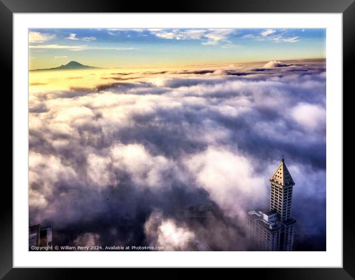 Seattle Under Fog Smith Tower Mount Rainier Washington Framed Mounted Print by William Perry
