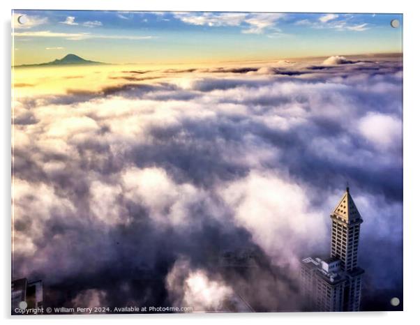 Seattle Under Fog Smith Tower Mount Rainier Washington Acrylic by William Perry