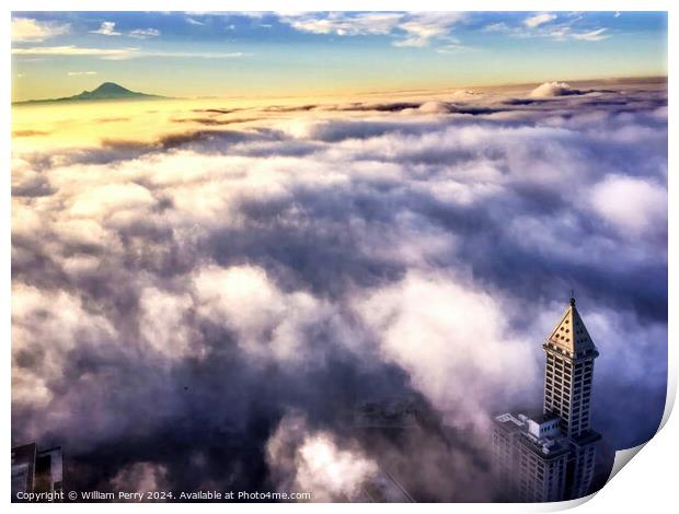 Seattle Under Fog Smith Tower Mount Rainier Washington Print by William Perry