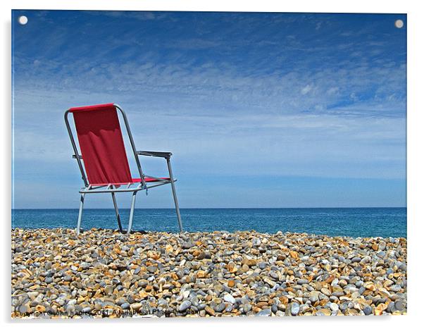 Waiting at Weybourne- Red Chair left on the Beach Acrylic by john hartley