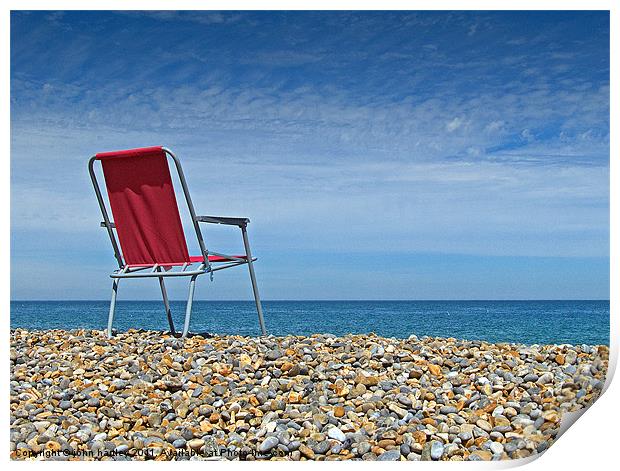 Waiting at Weybourne- Red Chair left on the Beach Print by john hartley