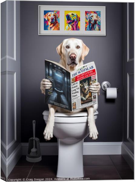 White Labrador on the Toilet Canvas Print by Craig Doogan