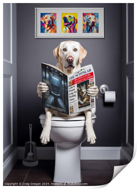 White Labrador on the Toilet Print by Craig Doogan