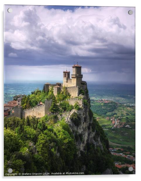San Marino, Guaita tower on the Titano mount and view of Romagna Acrylic by Stefano Orazzini