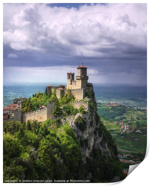 San Marino, Guaita tower on the Titano mount and view of Romagna Print by Stefano Orazzini