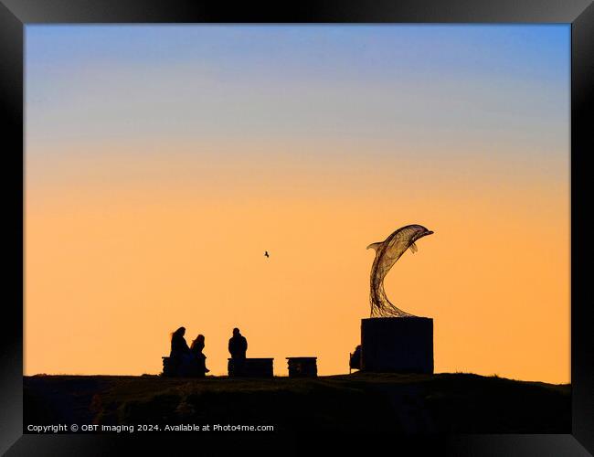 Portsoy Aberdeenshire Dolphin Sculpture Sunset Scotland Framed Print by OBT imaging