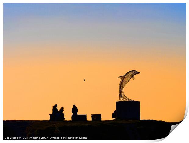 Portsoy Aberdeenshire Dolphin Sculpture Sunset Scotland Print by OBT imaging
