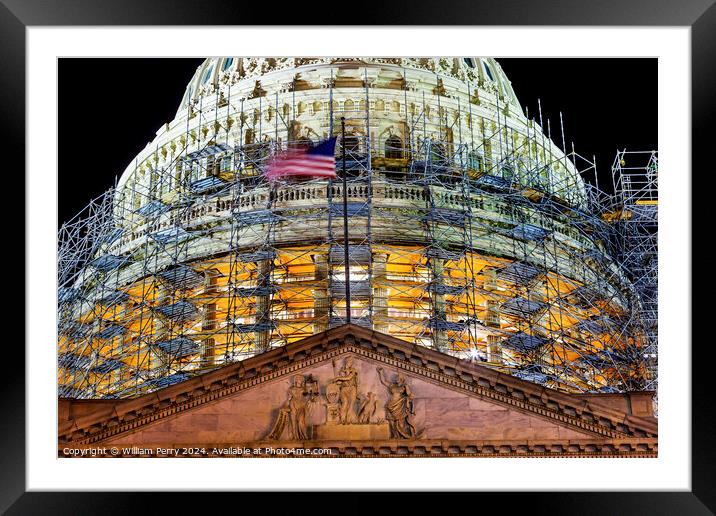 US Capitol North Side Dome Construction Close Up Flag Night Star Framed Mounted Print by William Perry