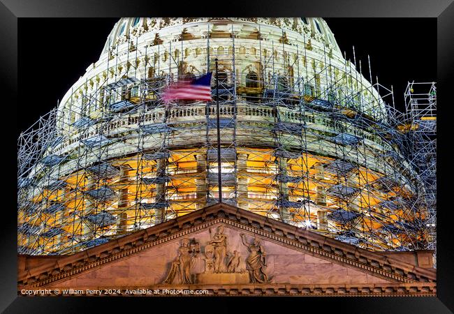 US Capitol North Side Dome Construction Close Up Flag Night Star Framed Print by William Perry