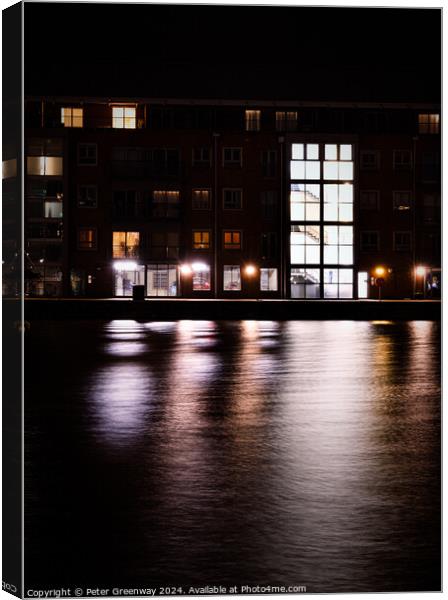 Illuminated Quayside Apartments Across The Quay At The Historic  Canvas Print by Peter Greenway