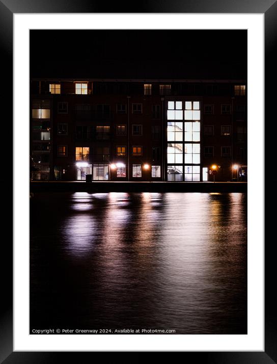 Illuminated Quayside Apartments Across The Quay At The Historic  Framed Mounted Print by Peter Greenway