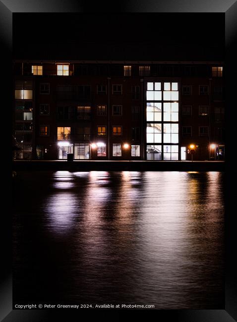 Illuminated Quayside Apartments Across The Quay At The Historic  Framed Print by Peter Greenway