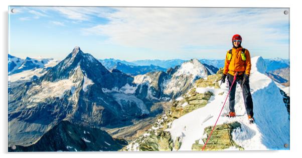 Alpine climber on the summit of Dent Blanche Acrylic by Julian Carnell