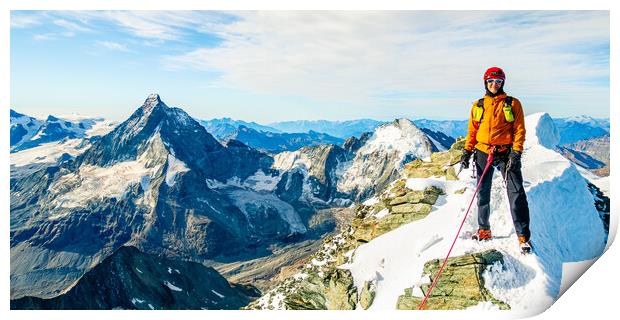 Alpine climber on the summit of Dent Blanche Print by Julian Carnell