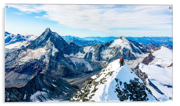 Alpinist on Dent Blanche with Matterhorn in the background Acrylic by Julian Carnell