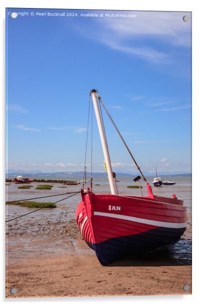 Red Boat in Morecambe Bay Lancashire Acrylic by Pearl Bucknall