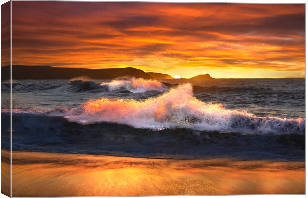 Fistral Beach Sunset Waves Canvas Print by Alison Chambers