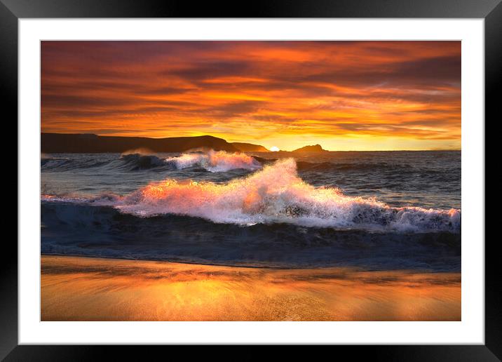 Fistral Beach Sunset Waves Framed Mounted Print by Alison Chambers