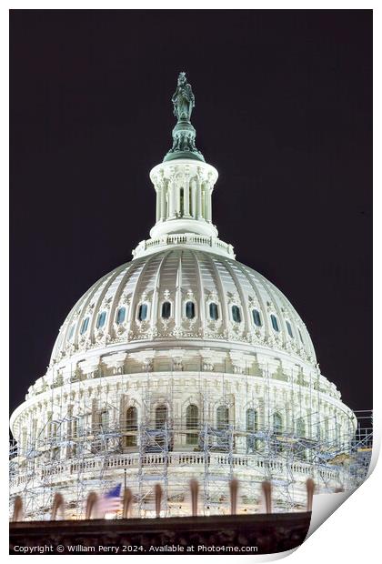 US Capitol North Side Dome Construction Close Up Flag Night Star Print by William Perry