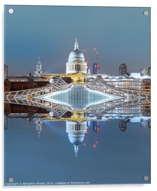 St Paul's Cathedral & The Millennium Bridge Reflection  Acrylic by Benjamin Brewty