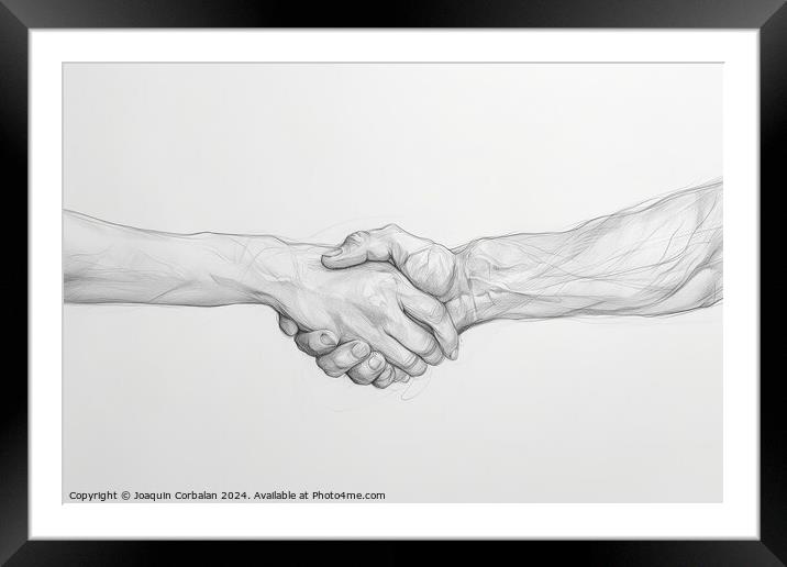Pencil illustration on a white background of two hands shaking, showing support and help in difficult times. Framed Mounted Print by Joaquin Corbalan