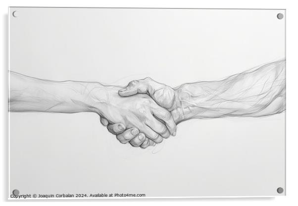 Pencil illustration on a white background of two hands shaking, showing support and help in difficult times. Acrylic by Joaquin Corbalan