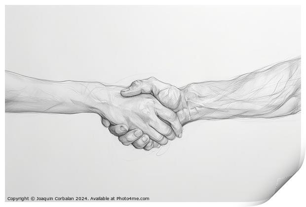 Pencil illustration on a white background of two hands shaking, showing support and help in difficult times. Print by Joaquin Corbalan