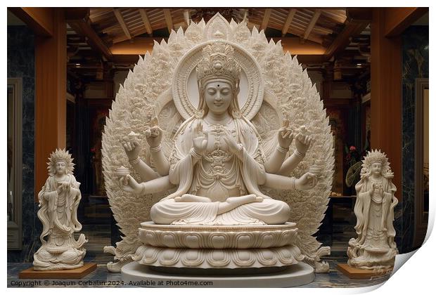 Famous Hindu deity, Avalokitesvara, in white somewhat yellowish marble. Print by Joaquin Corbalan