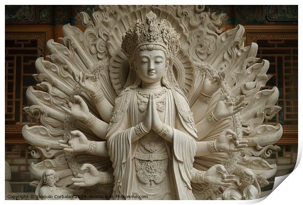Avalokitesvara sculpture in white marble. Print by Joaquin Corbalan