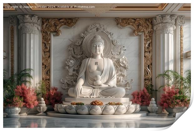 Buddha statue in white marble, with flower offerin Print by Joaquin Corbalan