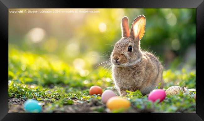A nice bunny in the field has found Easter eggs on Framed Print by Joaquin Corbalan