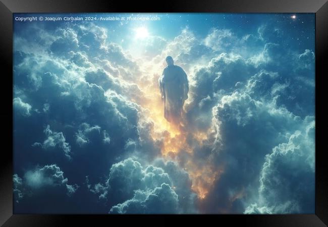 The path to paradise in heaven is guided by good deeds. Heavenly clouds background. Framed Print by Joaquin Corbalan
