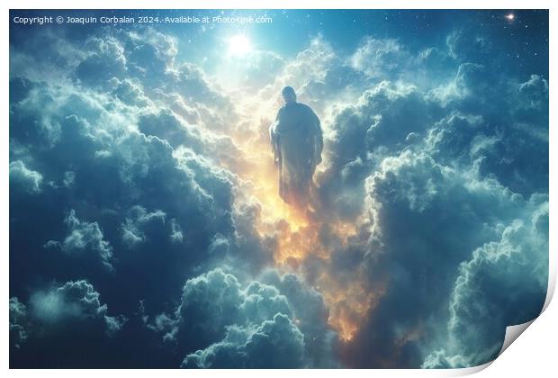 The path to paradise in heaven is guided by good deeds. Heavenly clouds background. Print by Joaquin Corbalan
