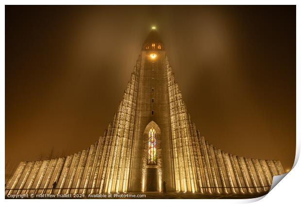 Hallgrimskirkja Iceland Illuminated  Print by matthew  mallett