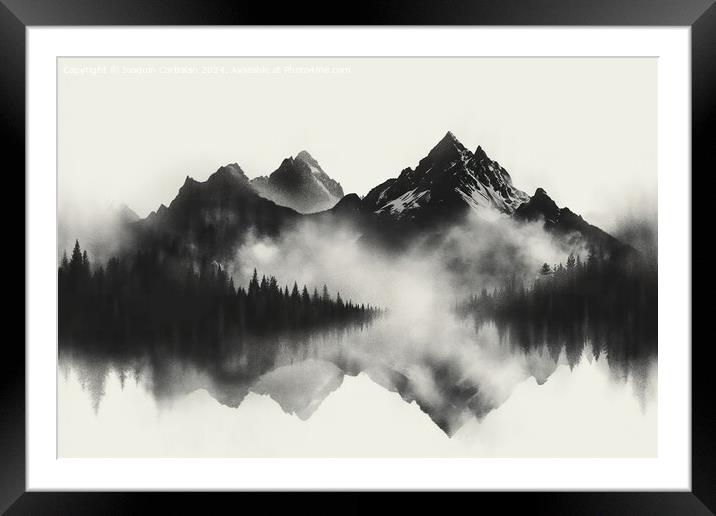Ilustration of a mountain range in pencil, black a Framed Mounted Print by Joaquin Corbalan