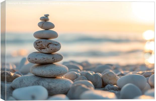 Piles of stones creating a tower near the beach, c Canvas Print by Joaquin Corbalan