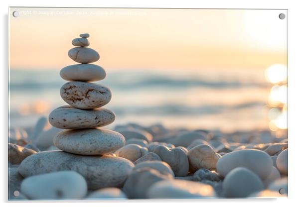 Piles of stones creating a tower near the beach, c Acrylic by Joaquin Corbalan