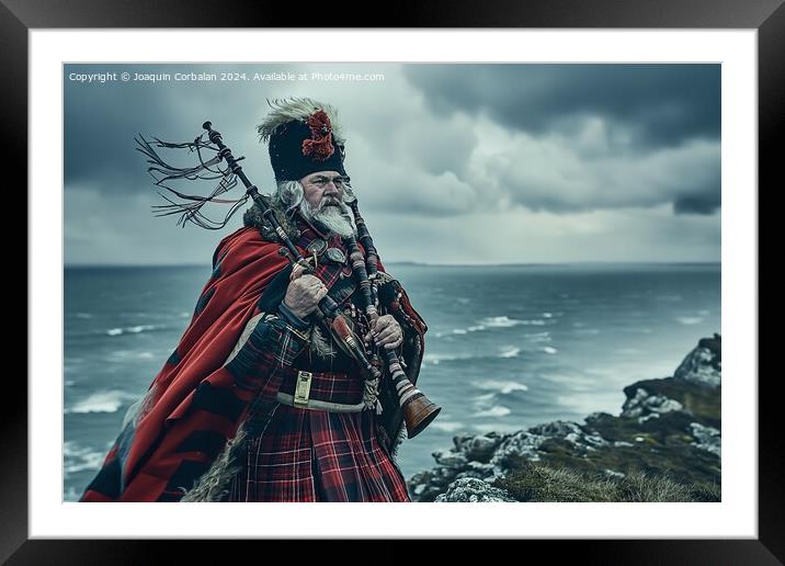 A traditional Scottish bagpiper, in full dress, ne Framed Mounted Print by Joaquin Corbalan