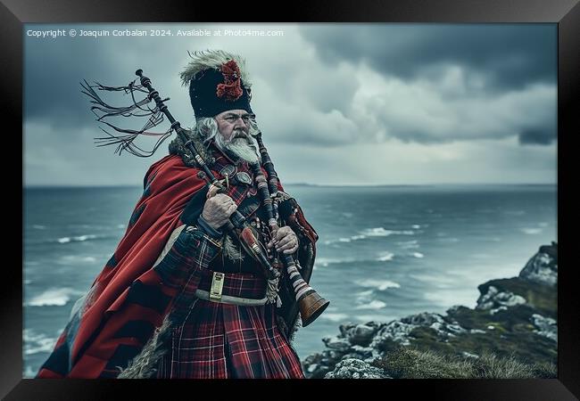A traditional Scottish bagpiper, in full dress, ne Framed Print by Joaquin Corbalan