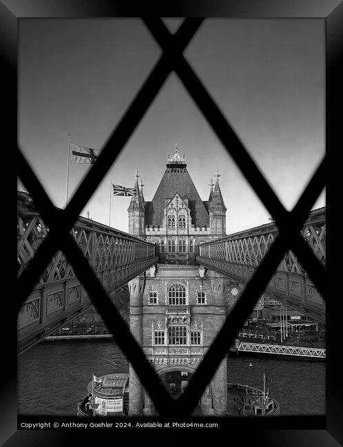 Tower bridge through a window  Framed Print by Anthony Goehler