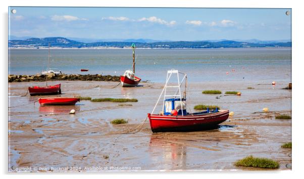 Boats in Morecambe Bay Lancashire Coast panorama Acrylic by Pearl Bucknall