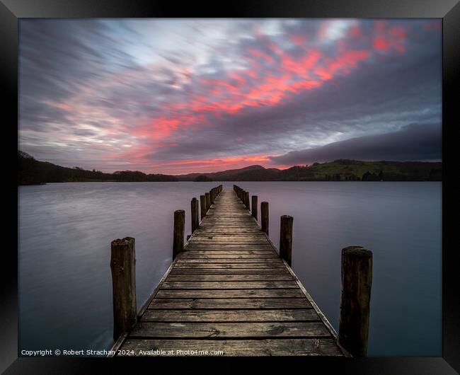 Coniston jetty sunset Framed Print by Robert Strachan